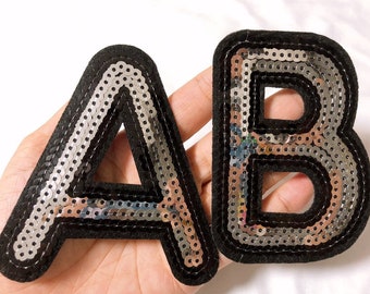 Silver sequins Letters Patch Alphabet Embroidered Applique black Letters iron on Patches