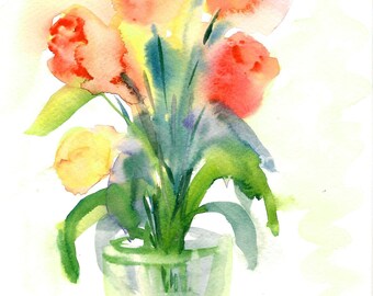Original Tulips in a Vase, Small Watercolor Painting, Popular Hand painted Floral Gift, Idea for Nature Lovers