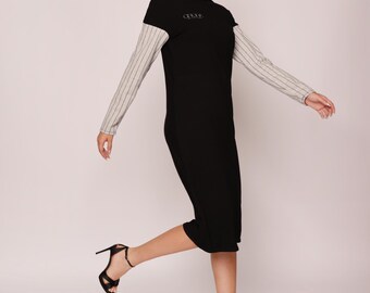 Schwarzes Midikleid „Linea Noir“ – minimalistisches Viskose Kleid mit Raglanärmeln, modernes Designer Kleid