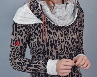 Doppelkragen Pullover "SIENA" braun Leopard mit schwarzer Spitze Brand sKorpia-XtremFashion®  Satinband luxury love