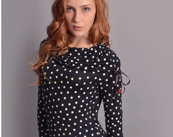 Doppelkragen Pullover "NOLELIA" schwarz Punkte DOTS mit schwarzer Spitze Brand sKorpia-XtremFashion® Winter gemütlich Trendsetter