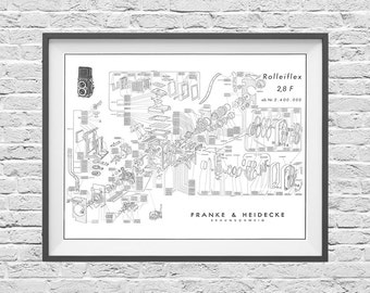 Rolleiflex 2.8F TLR - Camera Poster - Art Print - Blueprint - Patent - Exploited Views - Repair Manual