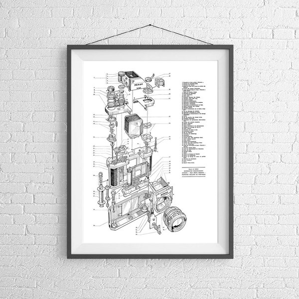 Nikon F SLR - 35mm Rangefinder Camera Poster -  Art Print - Blueprint - Patent - Exploited Views - Repair Manual