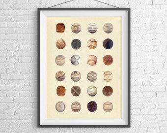 History of the Baseball - Baseballs from all Eras - Baseball Art - Baseball Wall Art - Art Print