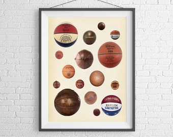 History of the Baskeballs - Classic GBasketball Illustration - Balls of All Eras - Art Print