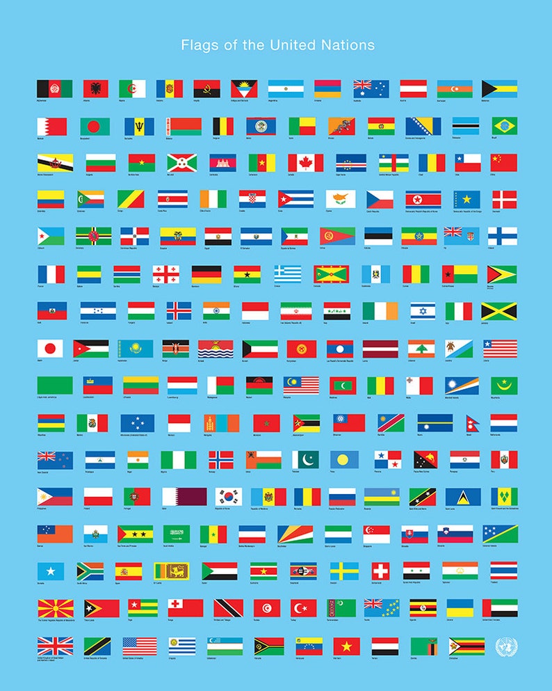 Flags of the United Nations Poster UN Art Print World Wall Etsy