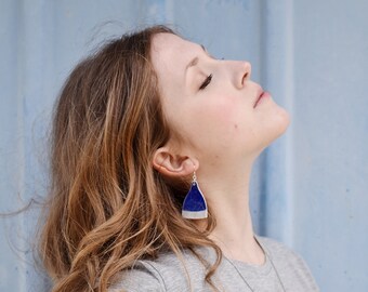 Geometric ceramic earrings, royal blue statement jewellery, handmade contemporary jewelry
