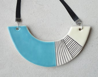 Chunky statement necklace, blue ceramic bib necklace, geometric jewelry, gift for wife