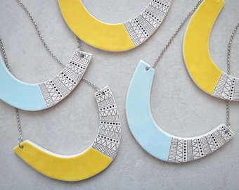 Bib necklace, yellow ceramic jewellery, light blue geometric necklace, statement jewelry for summer, gift for daughter