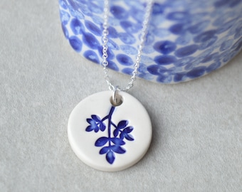 Leaf pendant necklace, delft blue ceramic jewellery, someting blue, bridal jewellery, Christmas gift for her