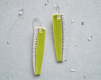 Lime green earrings, ceramic drop earrings, geometric jewelry, abstract earrings, organic shape, sterling silver