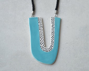 Long blue statement necklace, chunky everyday geometric necklace, ceramic jewelry