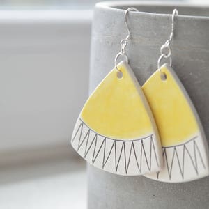 Yellow statement earrings, geometric color block earrings, modern ceramic jewellery for summer image 1