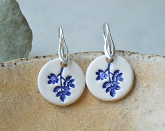 Sterling silver ceramic earring, delft blue jewellery, folk art inspired everyday jewellery, gift for wife