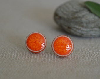 Lava orange ceramic stud earring, contemporary ceramic jewelry, 9 mm circle studs, gift for sister