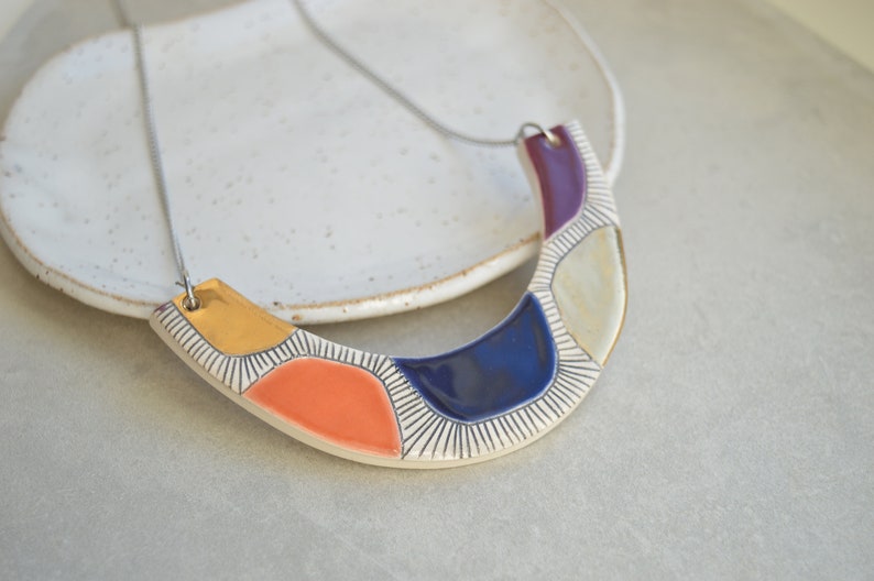 Colorblock statement necklace, handmade geometric ceramic jewelry, Christmas gifts for her image 4