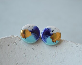 Colourful ceramic studs, handmade round post earrings in blue, white, silver