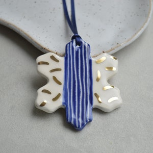 Ceramic snowflake ornaments, Christmas decoration, blue white gold star image 2