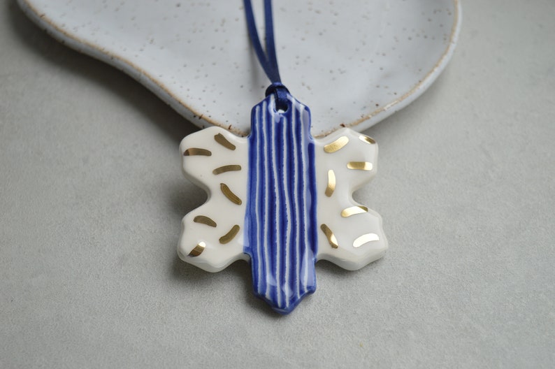 Ceramic snowflake ornaments, Christmas decoration, blue white gold star image 2