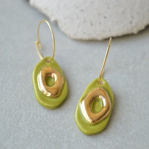 Ceramic drop earrings, green, gold elegant drop earrings, handmade jewellery