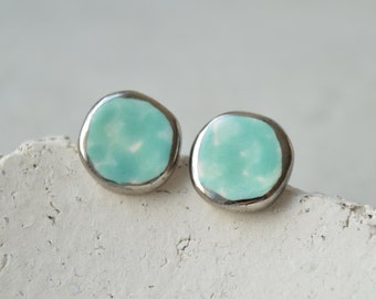 Turquoise ceramic stud earrings with silver rim, everyday post earrings, handmade jewellery gifts for her