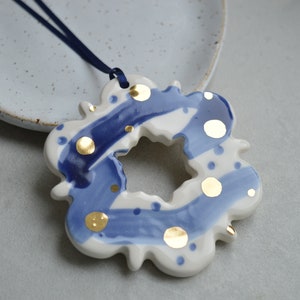 Ceramic snowflake ornaments, Christmas decoration, blue white gold star image 2