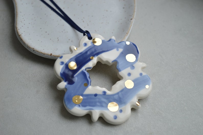 Ceramic snowflake ornaments, Christmas decoration, blue white gold star image 2