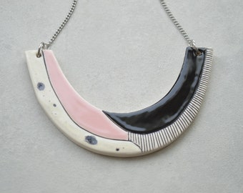 Geometric statement necklace, handmade ceramic jewelry, pink, black bib necklace, gifts for her