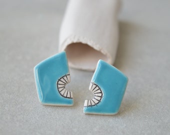 Sky blue ceramic geometric stud earrings, fun earrings, handmade jewellery, hypoallergenic posts made of surgical steel