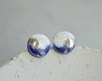 Blue and white ceramic stud earrings, handmade round post earrings, gift for her