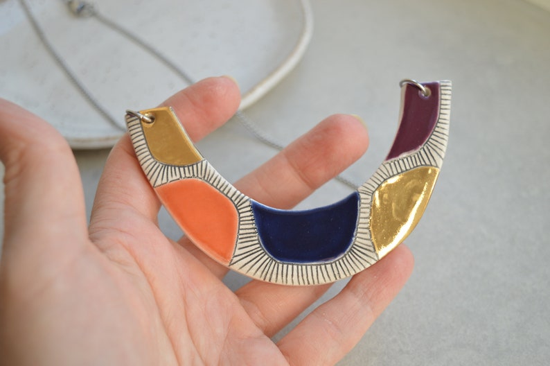 Colorblock statement necklace, handmade geometric ceramic jewelry, Christmas gifts for her image 3