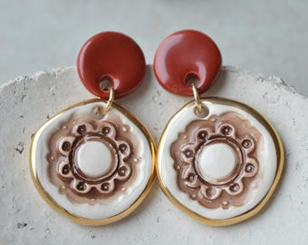 Handmade ceramic earrings: impressed dangle earrings