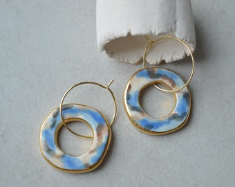 Handmade Cut Out Ceramic Hoop Earrings, Sea Colours, Surgical Steel