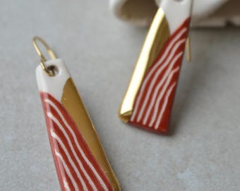 Handmade Geometric Ceramic Drop Earrings: Cinnamon Red, White & Gold