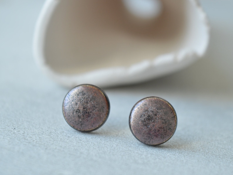 Copper gold ceramic stud earrings, small everyday circle ear studs, handmade jewellery gift for her image 1