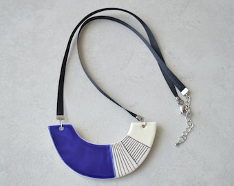 Royal blue statement necklace, geometric ceramic jewelry, chunky bib necklace, gift for her