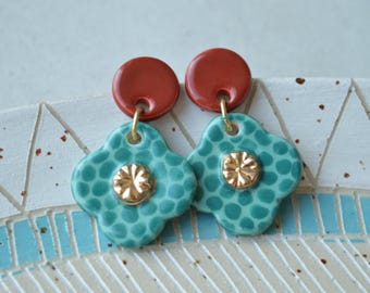 Handmade Floral Ceramic Drop Earrings, Red and Blue, Surgical Steel