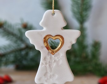 陶器の天使、本物の金を使った白いクリスマスオーナメント、磁器の天使