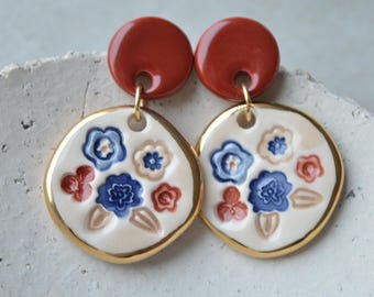Floral Ceramic Drop Earrings, Gold Luster Rim, Handmade Jewelry