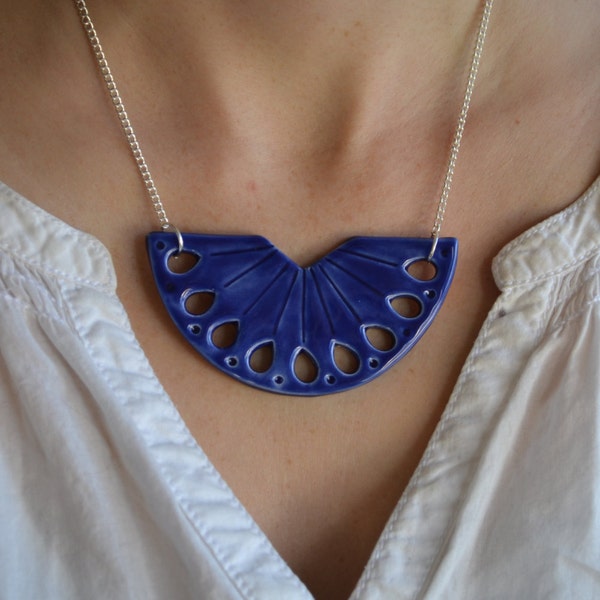 Ceramic statement necklace, royal blue bib necklace, delft blue jewelry, handmade ceramic jewellery, Valentines gift