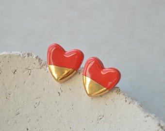 Red and gold heart earrings, ceramic stud earrings, Valentines gift for her