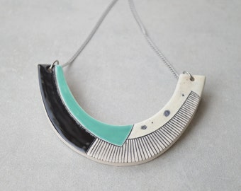 Geometric statement necklace, handmade ceramic jewelry, turquoise, black bib necklace, gifts for her