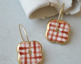 Checkered Ceramic Flower Earrings