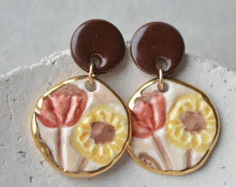 Poppy Ceramic Drop Earrings, Gold Luster Rim, Handmade Jewelry