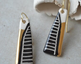 Handmade Geometric Ceramic Drop Earrings: Black, White & Gold
