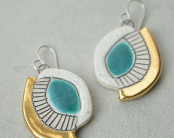 Handmade ceramic earrings with gold, turquoise geometric earrings, drop earrings, unique jewellery gifts for her