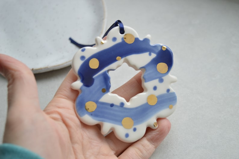 Ceramic snowflake ornaments, Christmas decoration, blue white gold star image 1