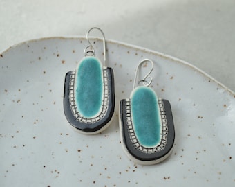 Geometric ceramic earrings, handmade turquoise and black jewellery, long drop earrings, unique gifts for her