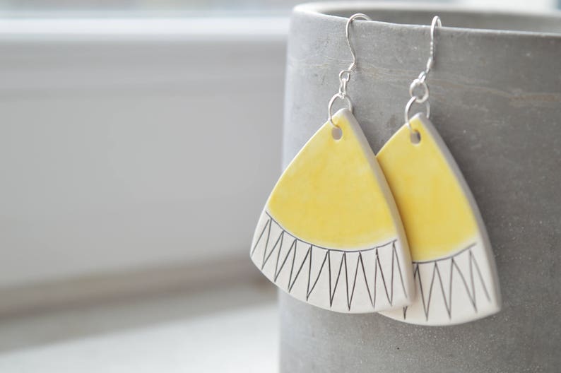 Yellow statement earrings, geometric color block earrings, modern ceramic jewellery for summer image 1