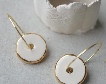 Gold and white hoops: small ceramic drop earrings